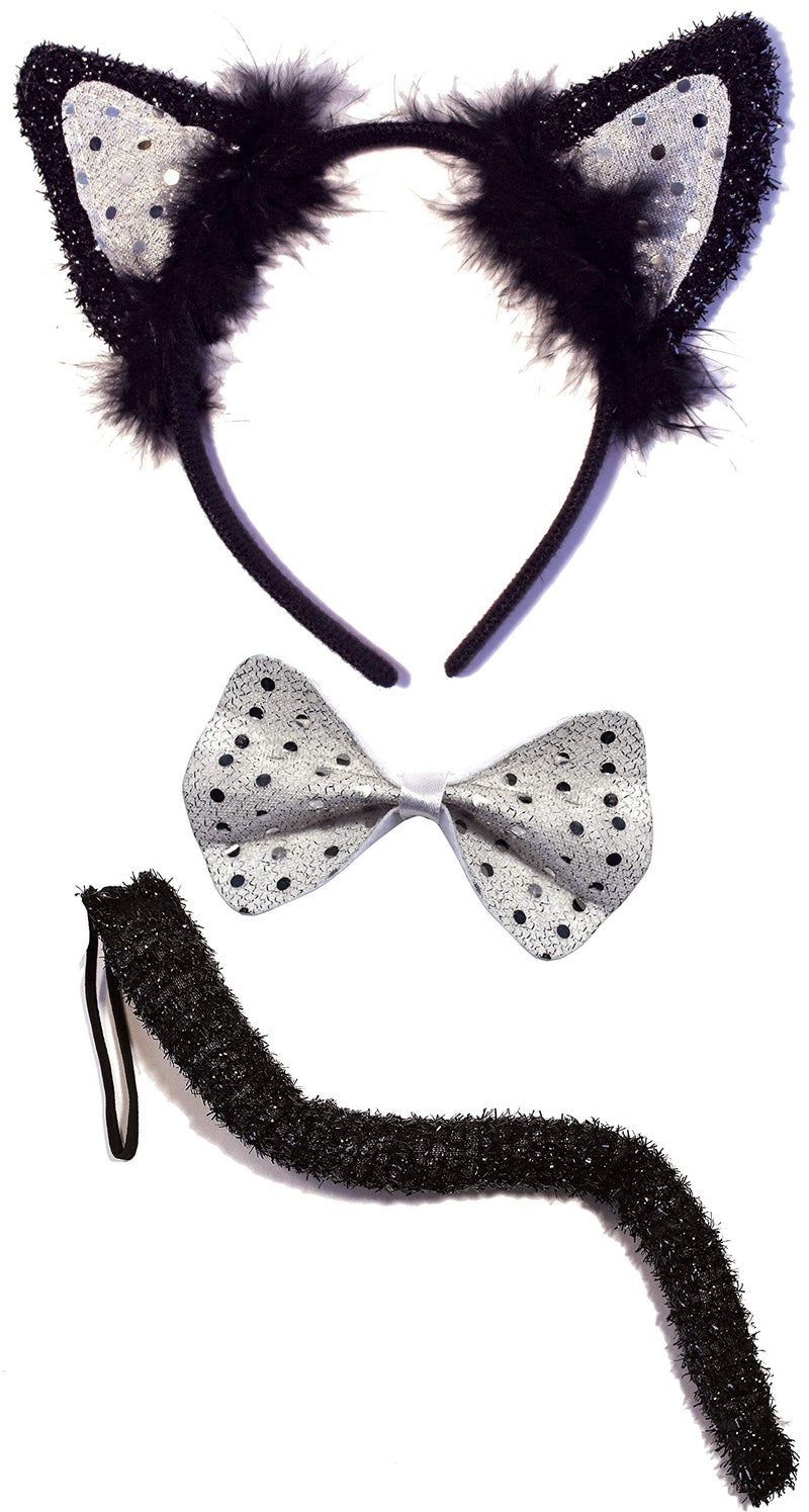 OLYPHAN Black Cat Costume Set for Adult - Halloween, Cosplay Accessory Kit (Black & Silver) - Image 1